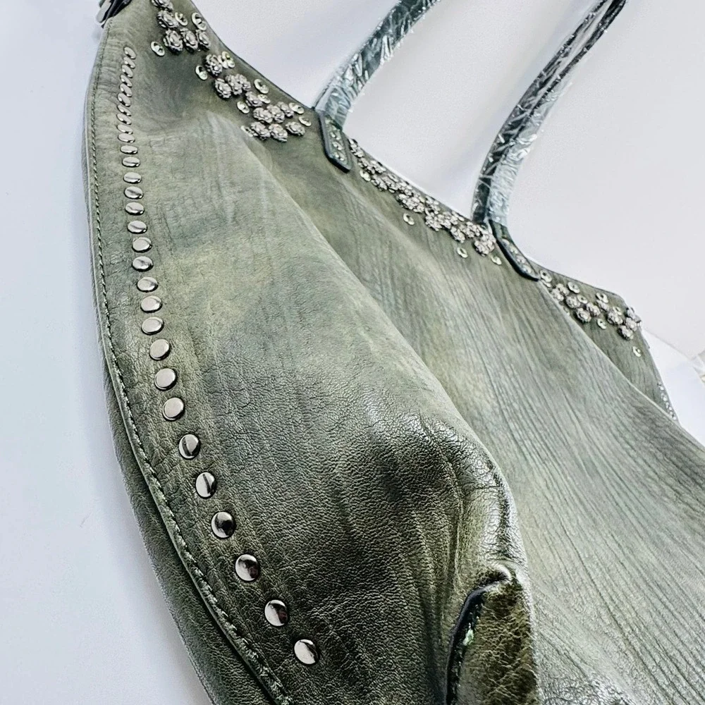 Unique Large Olive Green Distressed Faux Leather Studded Tote Crossbody BOHO